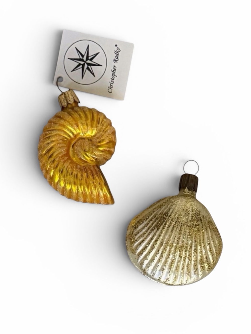 Set of 2 Christopher Radko Gold Nautilus Shell & Neiman Marcus Shell Ornaments